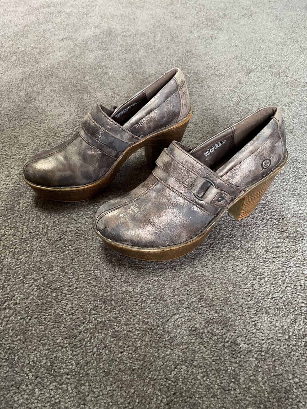Born Haddon Metallic Clogs Chunky Platform High Heel Mules Size 6 / EU 36.5